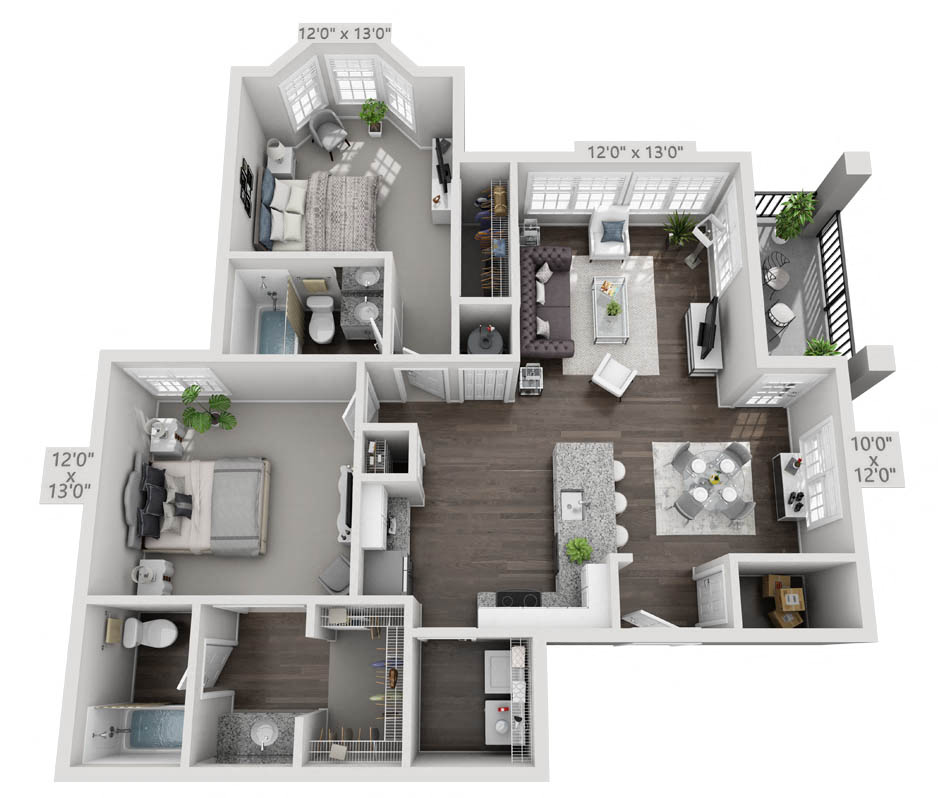 Floor plan for 2 beds, 2 baths, 1165 sqft